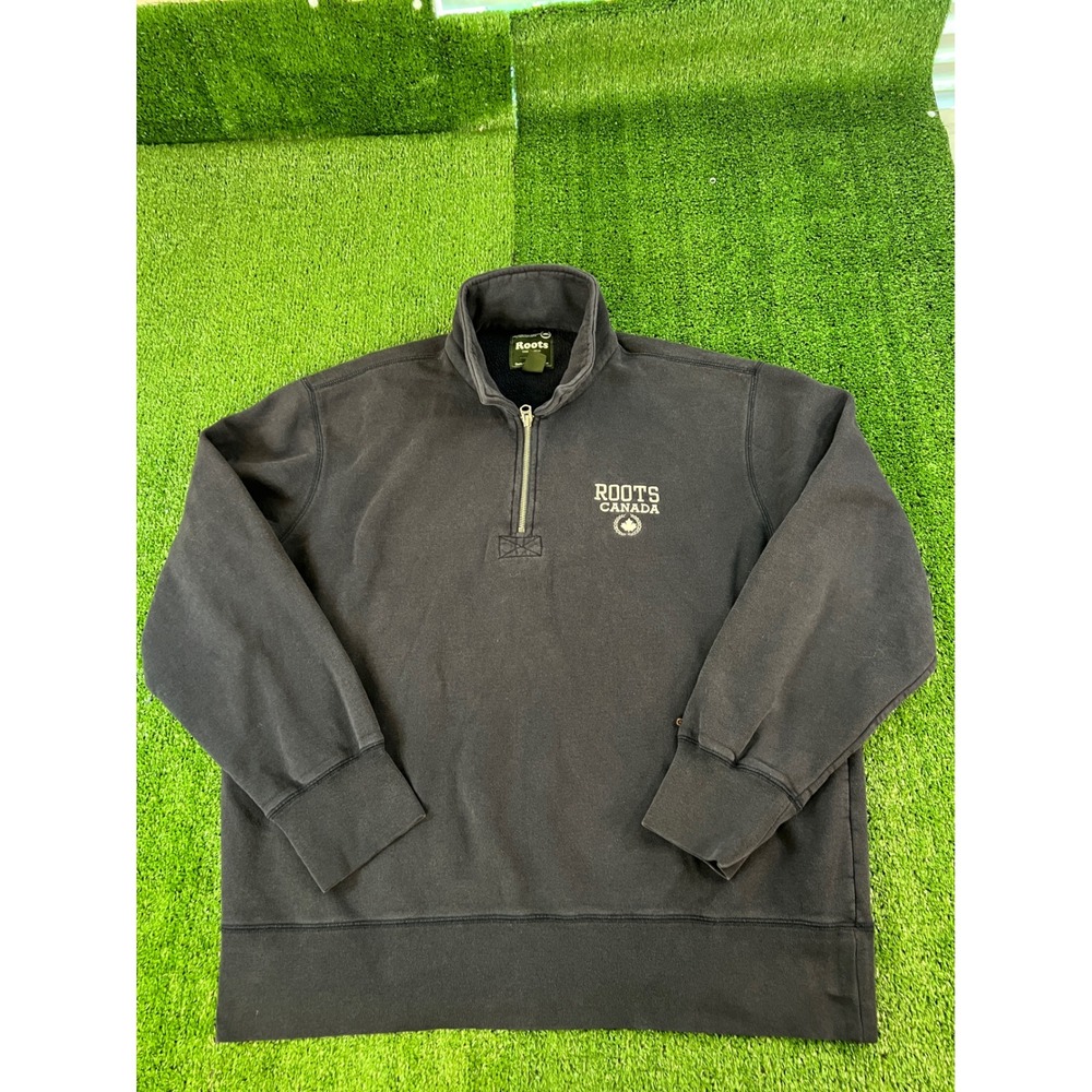 Roots Canada Mens XL Quarter Zip Sweatshirt Faded Black Pullover Logo Fleece